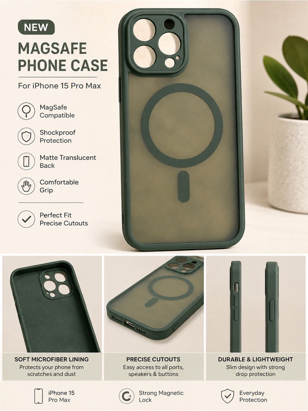Green MagSafe Compatible iPhone Case 15 Pro Max New - 15 Pro Max Case